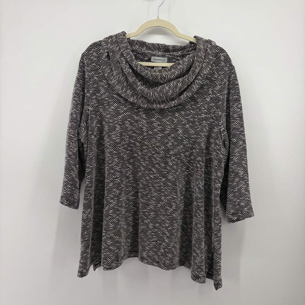 Catherines Womens 1X Black White Cowl Neck Top Geometric 3/4 Sleeve Knit